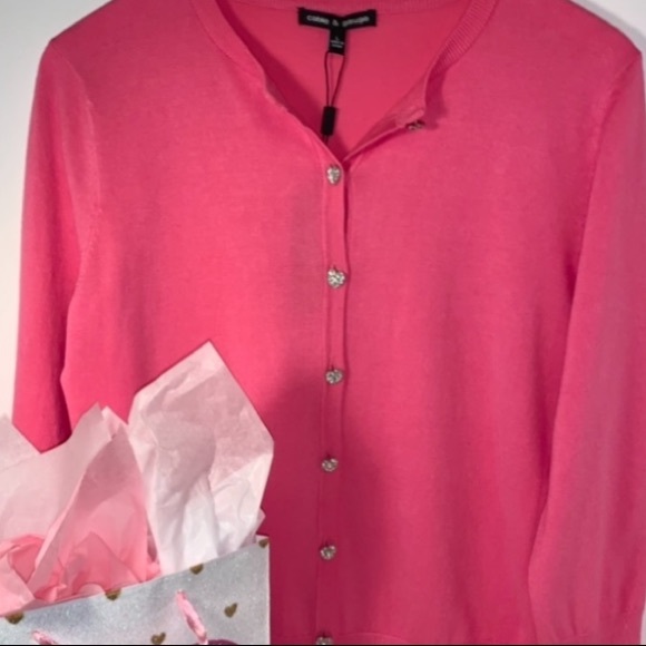 BLING New Heart Rhinestone Button Pink Sweater - Picture 1 of 6